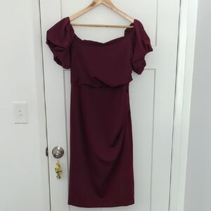 L Burgundy Ruched Off-Shoulder Midi Dress with Puff Sleeves - Tags On